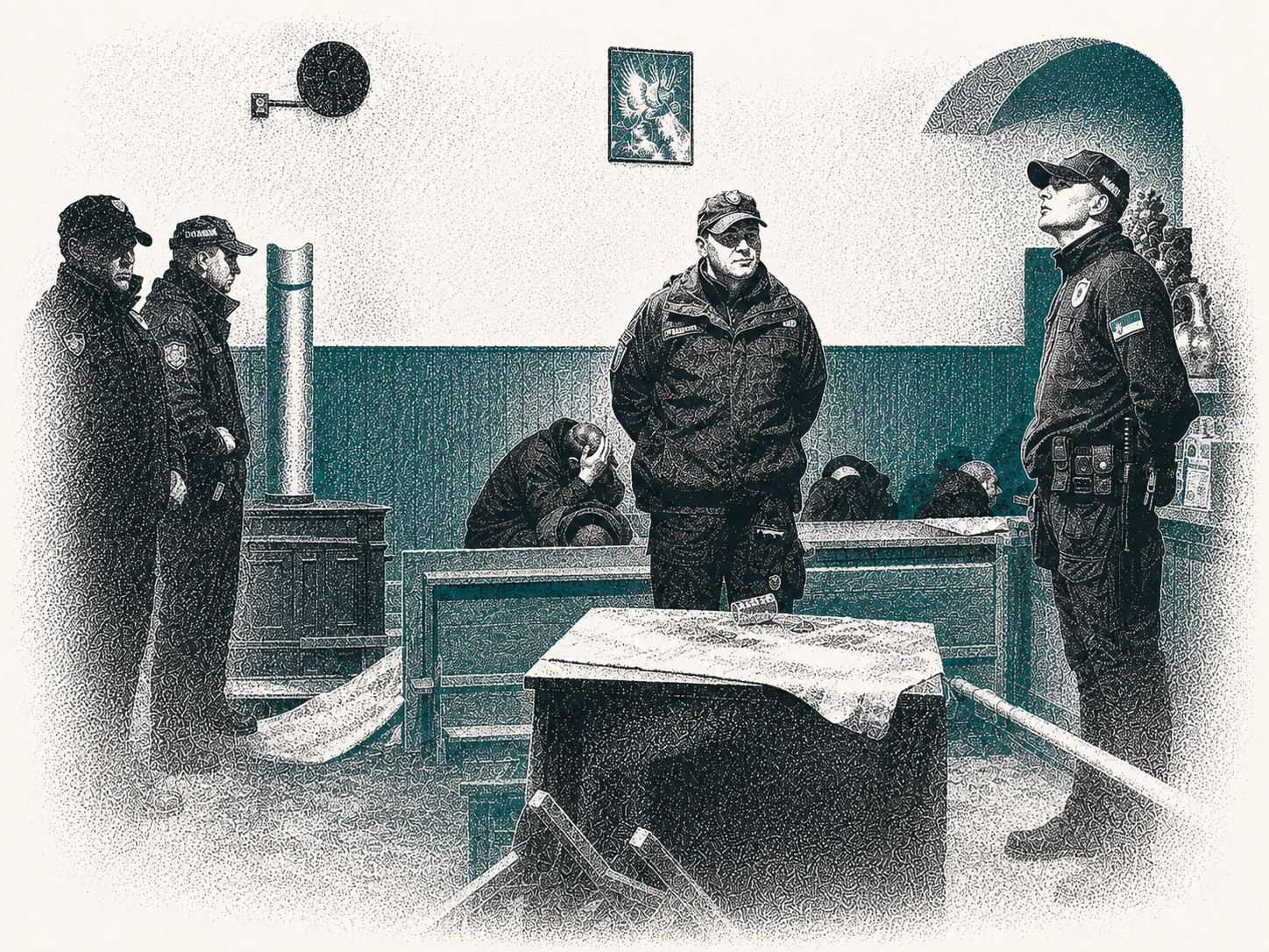 Stilizovana ilustracija scene iz kafane u Mionici tokom lokalnih izbora: policajci, okupljeni ljudi i sto sa mapom.